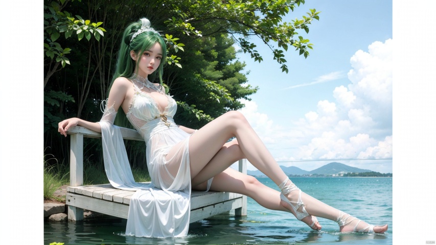  Perfect body, sitting on the water, sexy. Plump figure, long green hair tied in a bun, headdress, (white transparent dress), full body, ((wearing white stockings)) (bare feet), white, slingshot swimsuit, dress, looking at me shyly