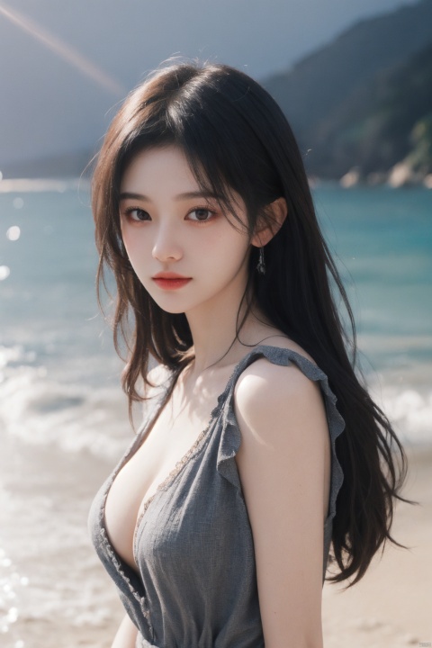  1girl, black dress,(faded ash gray hair:1), (at beach),looking at viewer, RAW photo, (photorealistic:1.37, realistic), highly detailed CG unified 8K wallpapers,(thick body:1.1),(((straight from front))), (HQ skin:1.8, shiny skin), 8k uhd, dslr, soft lighting, high quality, film grain, Fujifilm XT3, (professional lighting:1.6),,medium breasts, cleavage,Short sleeve, dimples,Immaculate skin,jujingyi,Hepburn style, jwy1, jujingyi, bj_Devil_angel