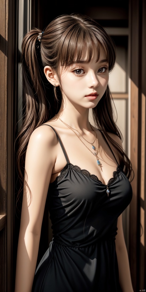  1girl, solo, looking at viewer, bangs, brown hair, black hair, hair ornament, twintails, jewelry, upper body, necklace, black eyes, lips, realistic, 3d stely, loli, guzhuang