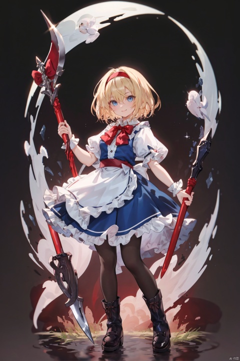  1girl, alice_margatroid, shanghai_doll, hourai_doll, solo, long_hair, looking_at_viewer, smile, short_hair, bangs, blue_eyes, blonde_hair, dress, bow, holding, hair_between_eyes, closed_mouth, standing, full_body, weapon, short_sleeves, hair_bow, pantyhose, hairband, boots, frills, shoes, puffy_sleeves, hand_up, bowtie, black_footwear, holding_weapon, apron, red_bow, wrist_cuffs, book, sash, ascot, capelet, blue_dress, brown_footwear, polearm, red_bowtie, holding_book, flying, doll, red_hairband, lolita_hairband, holding_polearm, white_capelet, lance