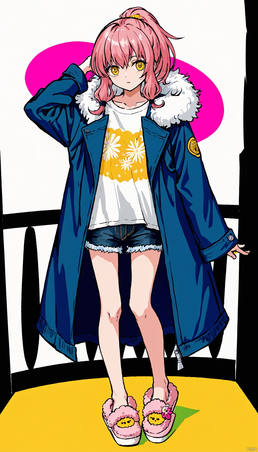  1petite loli, solo.pink hair, long pink hair, (yellow eyes), puffy sleeves, fur-trimmed jacket, hair flower, fipped hair, high ponytail, loose over_sized Casual T-shirt, white shirt, hoodie coat, bare legs, slippers;relaxed, one-eye_closed, adjusting hair, looking at viewer, standing.