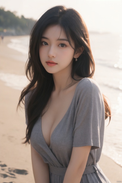  1girl, black dress,(faded ash gray hair:1), (at beach),looking at viewer, RAW photo, (photorealistic:1.37, realistic), highly detailed CG unified 8K wallpapers,(thick body:1.1),(((straight from front))), (HQ skin:1.8, shiny skin), 8k uhd, dslr, soft lighting, high quality, film grain, Fujifilm XT3, (professional lighting:1.6),,medium breasts, cleavage,Short sleeve, dimples,Immaculate skin,jujingyi,Hepburn style, jwy1, jujingyi, bj_Devil_angel