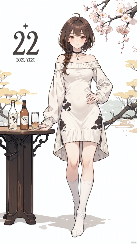  1girl, long hair, sweater, animal print, cow print, chinese zodiac, drinking, braid, 2021, milk bottle, new year, year of the ox, off shoulder, choker, socks, bottle, long sleeves, brown eyes, milk, brown hair, solo, ahoge, hand on hip, holding bottle, holding, standing, black choker, brown socks, happy new year, bangs, off-shoulder sweater, dress, no shoes, full body, blush, puffy long sleeves, light brown hair, sweater dress, puffy sleeves