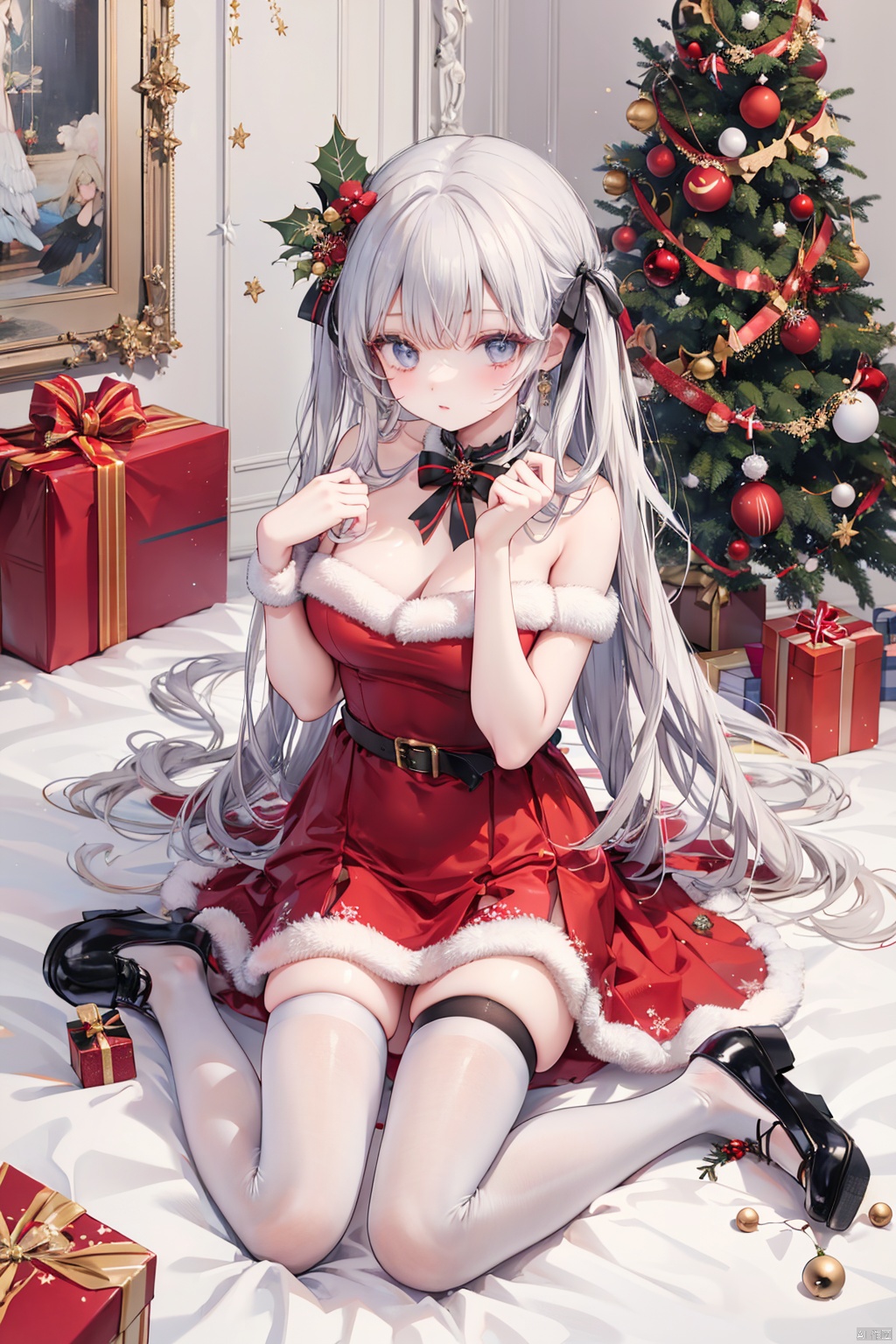  ((Birds view.)) 21yo girl, solo, looking at viewer, Wange_Hu_Christmas_dress, Christmas_dress,Christmas, Christmas tree, Christmas ornaments, , , 1girl, white thighhighs, black pantyhose