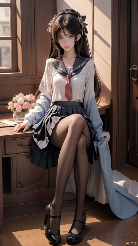  masterpiece, best quality,<(realistic:1.3), intricate details>,1girl,(0d),full body,black pantyhose,mary janes, pleated skirt, black_footwear,serafuku,sitting,desk,looking at viewer,class,day, ,