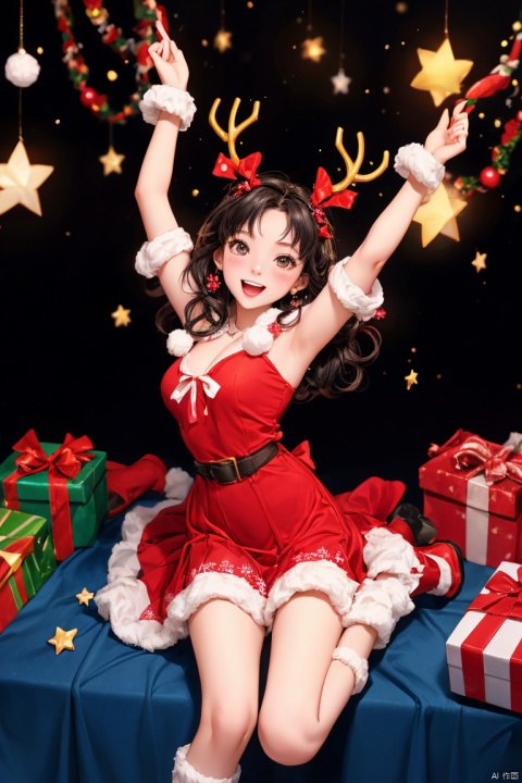  A charming illustration of a girl, radiating joy and excitement, at a Christmas party. The art form is reminiscent of a dynamic manga drawing, capturing the girl's playful and adorable expression. She wears a vibrant red Christmas costume, featuring a frilly dress adorned with bells and a star-shaped accessory in her hair. Surrounding her, colorful presents are stacked, adding to the festive atmosphere. The scene is set against a simple background, allowing the focus to be on the girl and her joyful presence. In a whimsical twist, she sits atop a large star, as if floating in the air, adding a touch of magic to the illustration. The overall result is a delightful depiction of a girl enjoying the holiday spirit with her friends, evoking a sense of warmth and happiness.