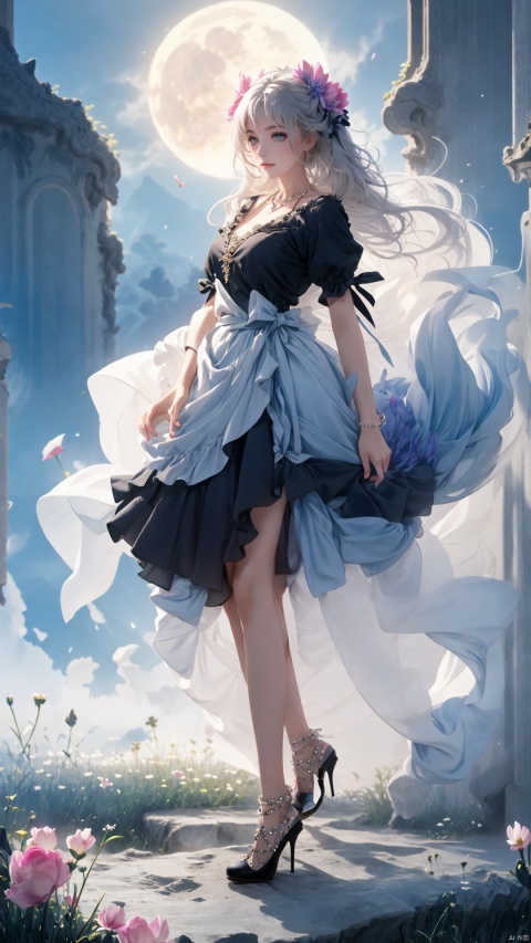  tutututu, high heels, full body, masterpiece, best quality, 1girl, (colorful),(delicate eyes and face), volumatic light, ray tracing, bust shot ,extremely detailed CG unity 8k wallpaper,solo,smile,intricate skirt,((flying petal)),(Flowery meadow) sky, cloudy_sky, moonlight, moon, night, (dark theme:1.3), light, fantasy, windy, magic sparks, dark castle,white hair,,high heels