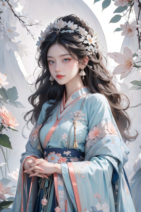  HUBG_Rococo_Style(loanword),

1girl, hanfu, hyper-realistic portrait of a mysterious woman with flowing silver hair, piercing blue eyes, and a delicate floral crown, light smile, own hands together, HUBG_Beauty_Girl, HUBG_Peach_Fuzz, HUBG_CN_illustration