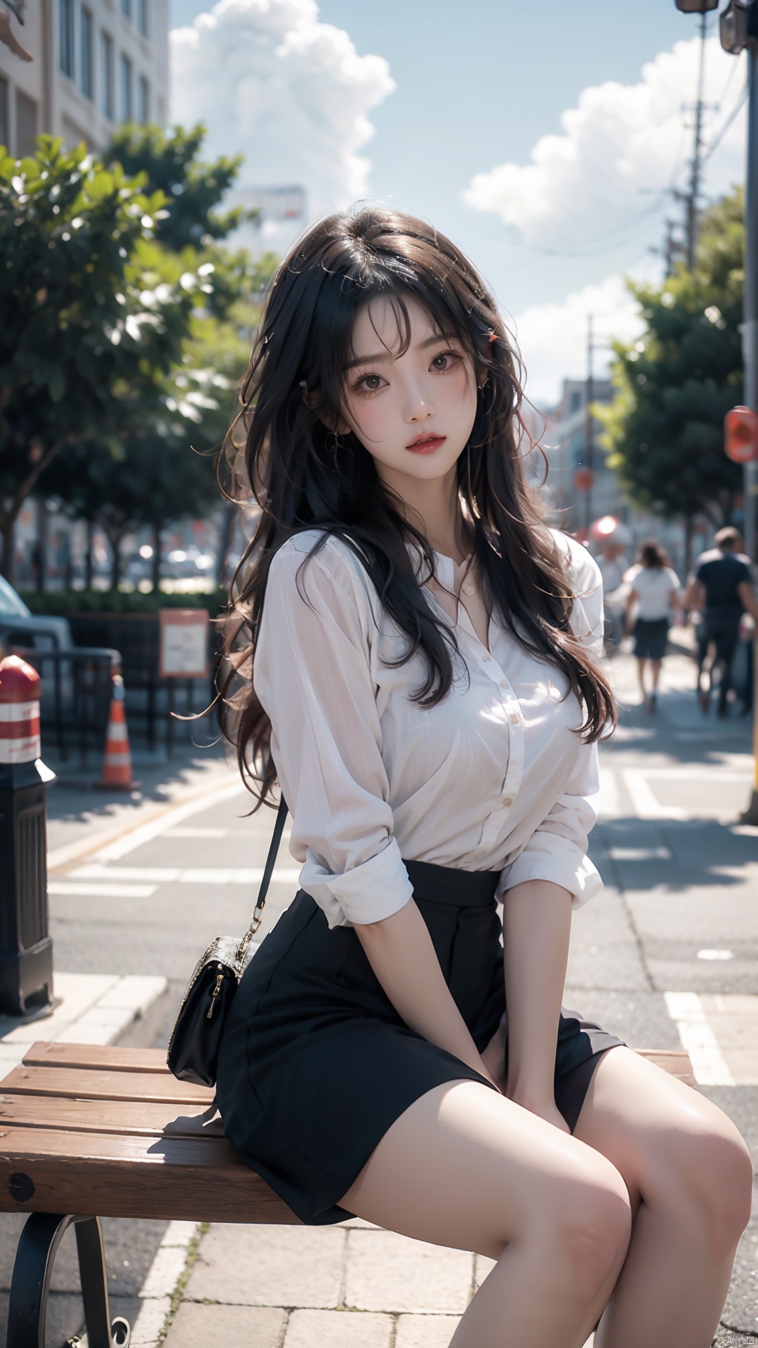  A woman sitting on a park bench with sky and clouds in the background, wearing a white blouse, Du Qiong, girl, a painting, aestheticism
, tutututu, Nebula, bj_Devil_angel