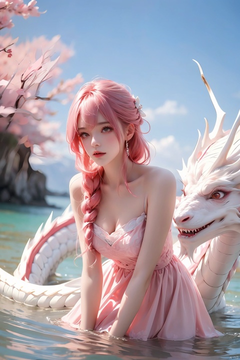  (Ultra wide angle lens), viewed from below,1girl,Wide angle lens, pink dress, bare shoulders,hair between eyes, outdoor, pink hair, sky, solo, wading, (white dragon), 1girl