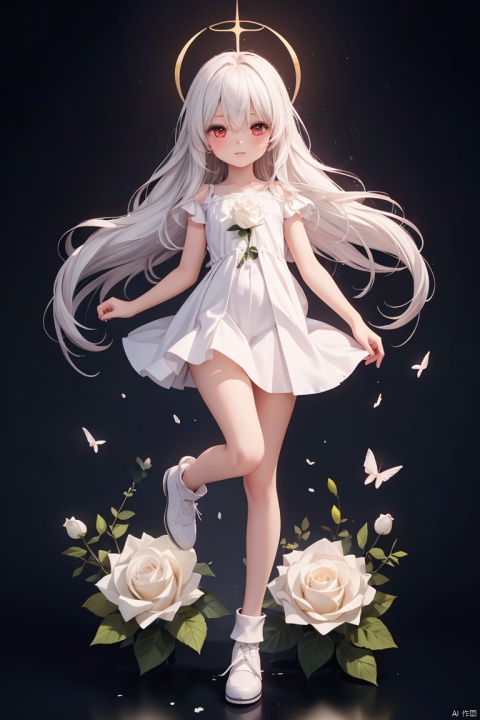  long white hair,(little girl:1.35),girl,(bangs over eye),upturned hair,(red eyes),full body,white rose,holy,White silk,minimalism,girl,tenderness,