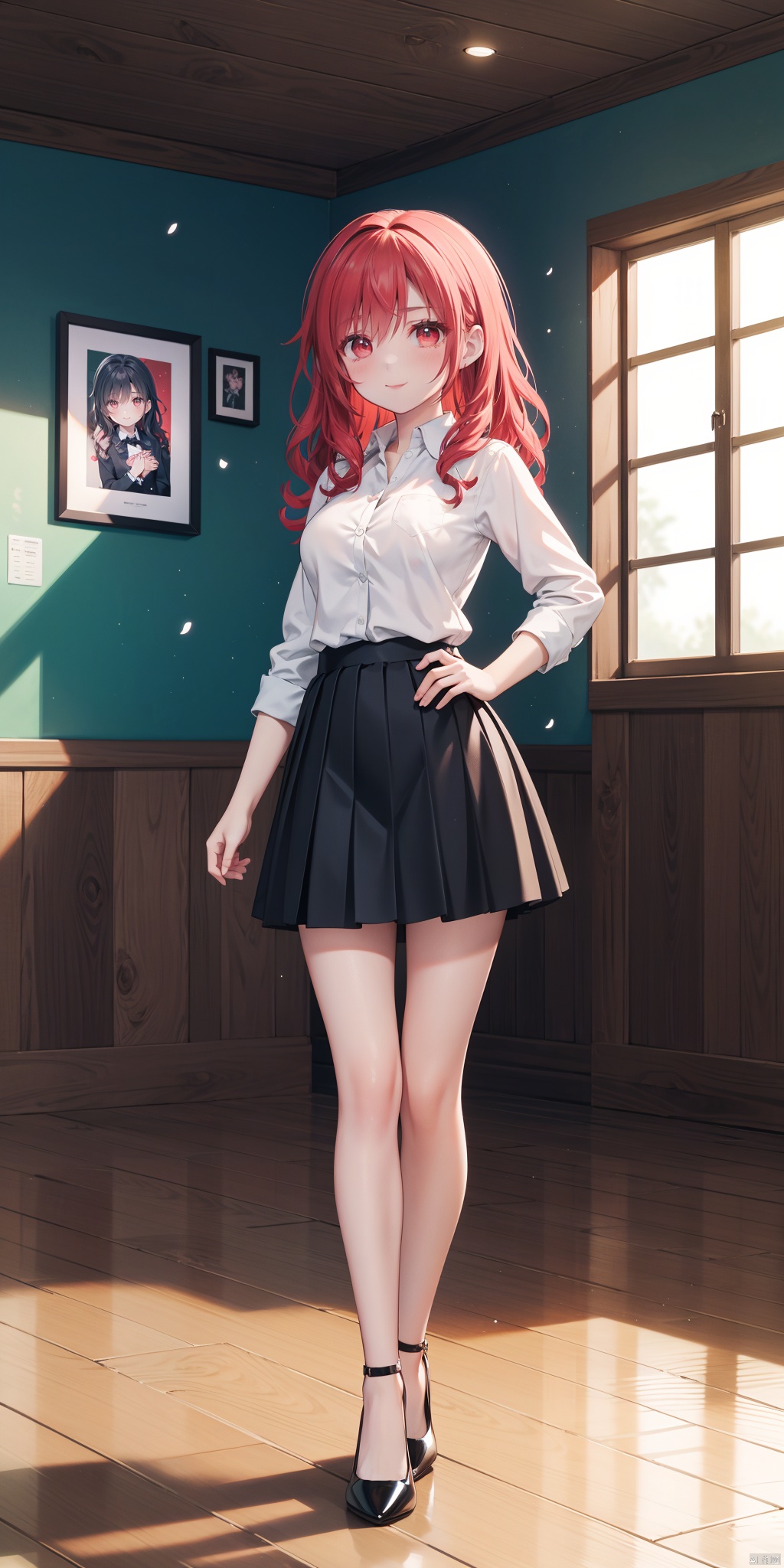 1girl, full body portrait, collared shirt, short skirt, high heels, wavy curls, red hair, bright eyes, smile, standing,official art,unity 8k wallpaper,ultra detailed,beautiful and aesthetic,masterpiece,best quality,extremely detailed,background blur/scatter, frontal view, indoor, office, wooden flooring,natural light, bright, vibrant,colorful, 1girl