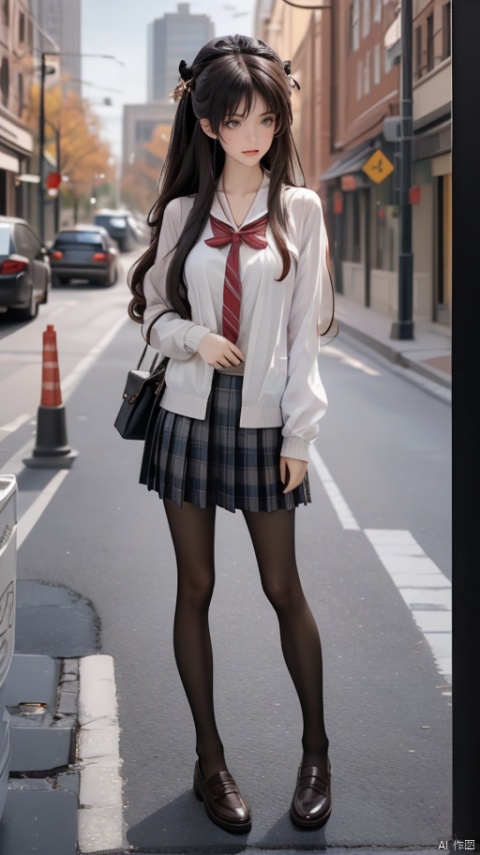  masterpiece, best quality,<(realistic:1.3), intricate details>,1girl,standing,(0d),full body,black pantyhose,loafers, plaid skirt, black_footwear,school uniform,looking at viewer,road,city,day, , , black pantyhose
