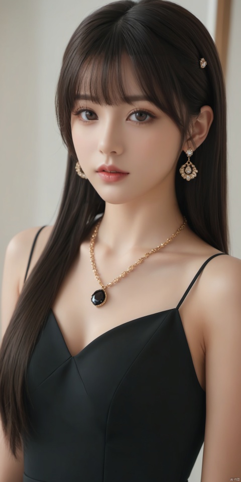 1girl, solo, looking at viewer, bangs, brown hair, black hair, hair ornament, twintails, jewelry, upper body, necklace, black eyes, lips, realistic, 1girl