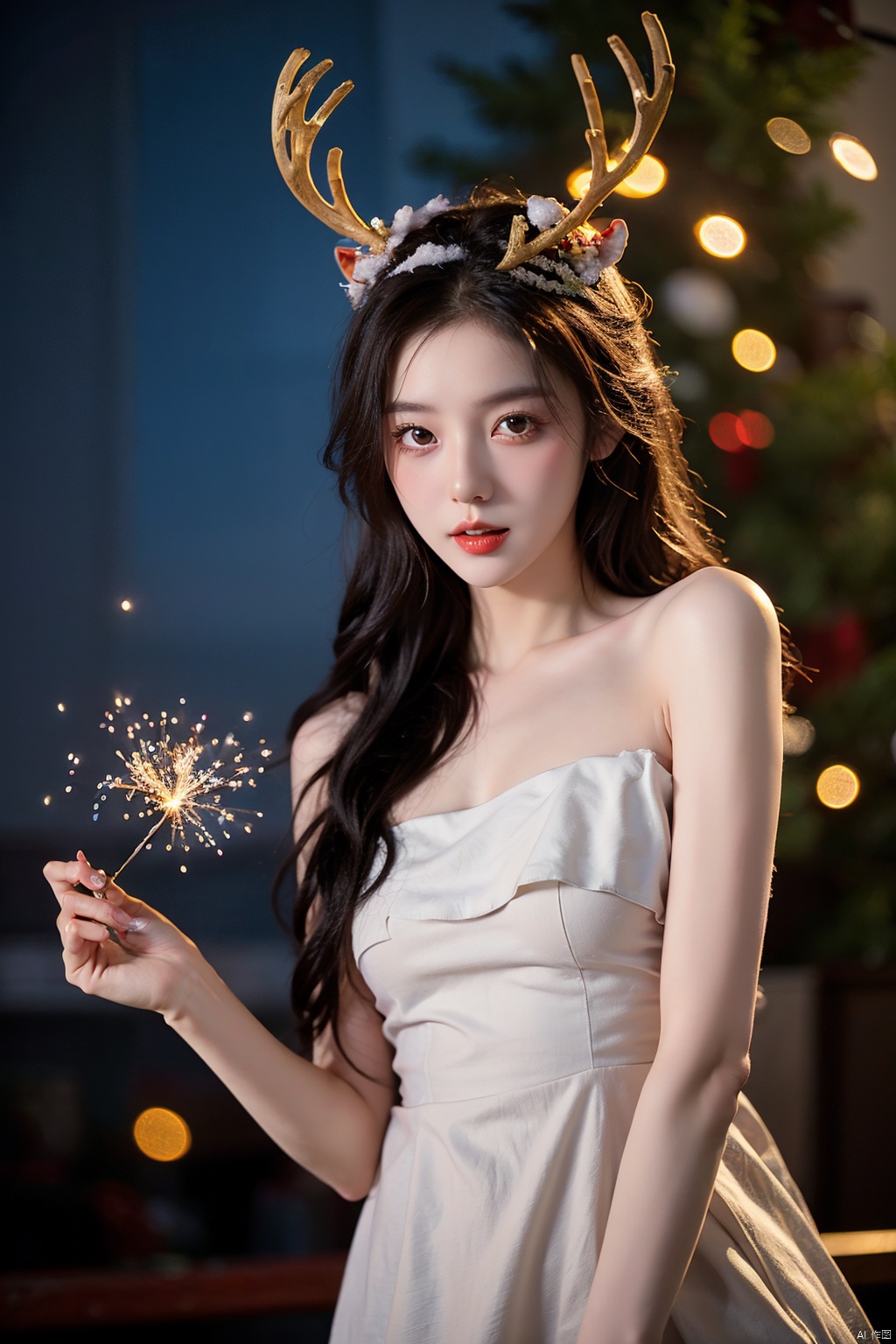  1girl,christmas,bare shoulders,antlers,(cowboy shot close-up),standing,exquisite eyes,outdoors,night,cityscape,snowing,elegant posture,,(an extremely delicate and beautiful),(best quality),((masterpiece)),intricate detail,(masterpiece, high quality, best quality),fireworks,