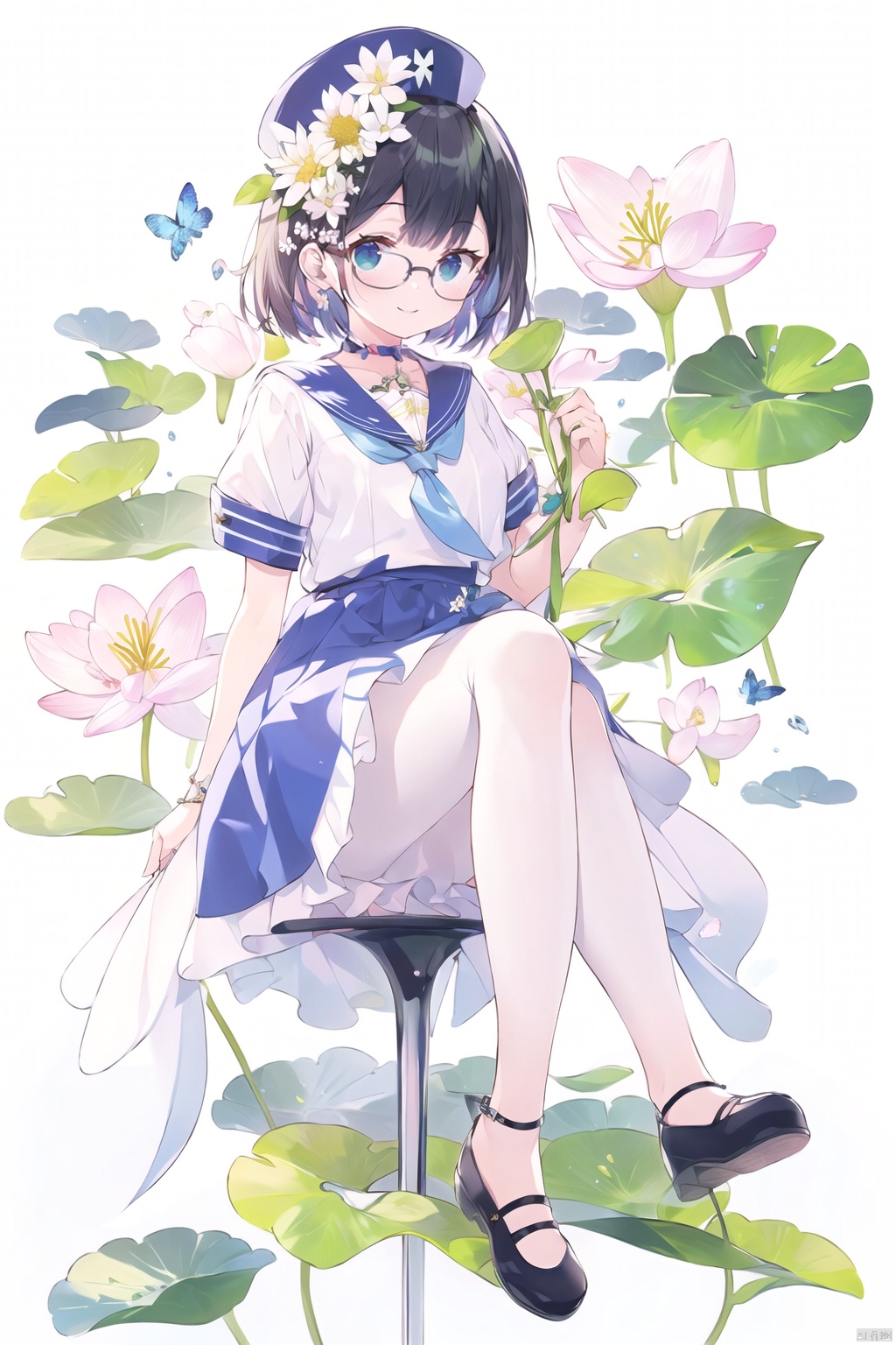  TT,1girl,blue_bow,blue_choker,blue_flower,blue_ribbon,choker,daisy,dress,floral_background,flower,full_body,glasses,green_eyes,hat,holding,holding_flower,hydrangea,leaf,lily_\(flower\),lily_of_the_valley,lotus,morning_glory,plant,ribbon,sailor_collar,short_hair,short_sleeves,sitting,smile,solo,white_flower,white_headwear,white pantyhose,mary_janes,