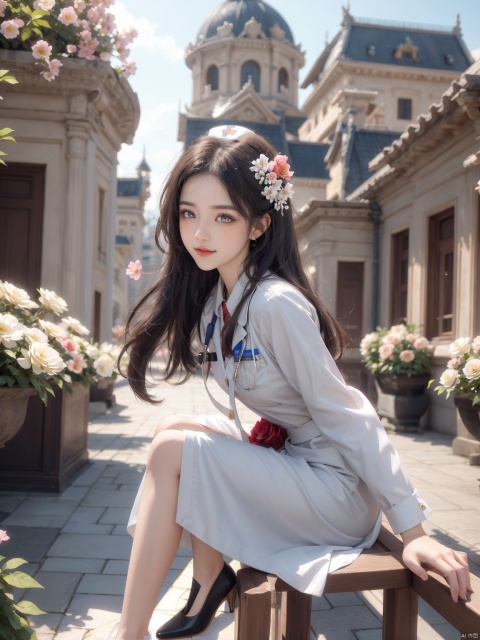  oulder_armor:1.3, skirt:1.2, Earrings, wearing pointy_high-heeled_shoes:1.3, pantyhose:1.3, curvy:1.2, silvery hair:1.2, long hair, black_eyes, Beautiful and delicate eyes, flower hair clip:1.3, Floral ornament:1.1, masterpiece:1.2, solo:1.2, intricate detail, ultra-detailed, an extremely delicate and beautiful, soft, vibrant, highly detailed, Princess costume:1.2, palace, palace complex, palatial architecture, multiple colored hairs, sweet princess, super happy smiling, group shot, zoom camera, lolita_fashion, dynamic_pose:1.2, 1girl, looking_at_viewer, long_hair, ribbon, White pantyhose, standing, Upper body, Focus on the upper body, Trainee Nurse, ajkds, best quality, Nebula
