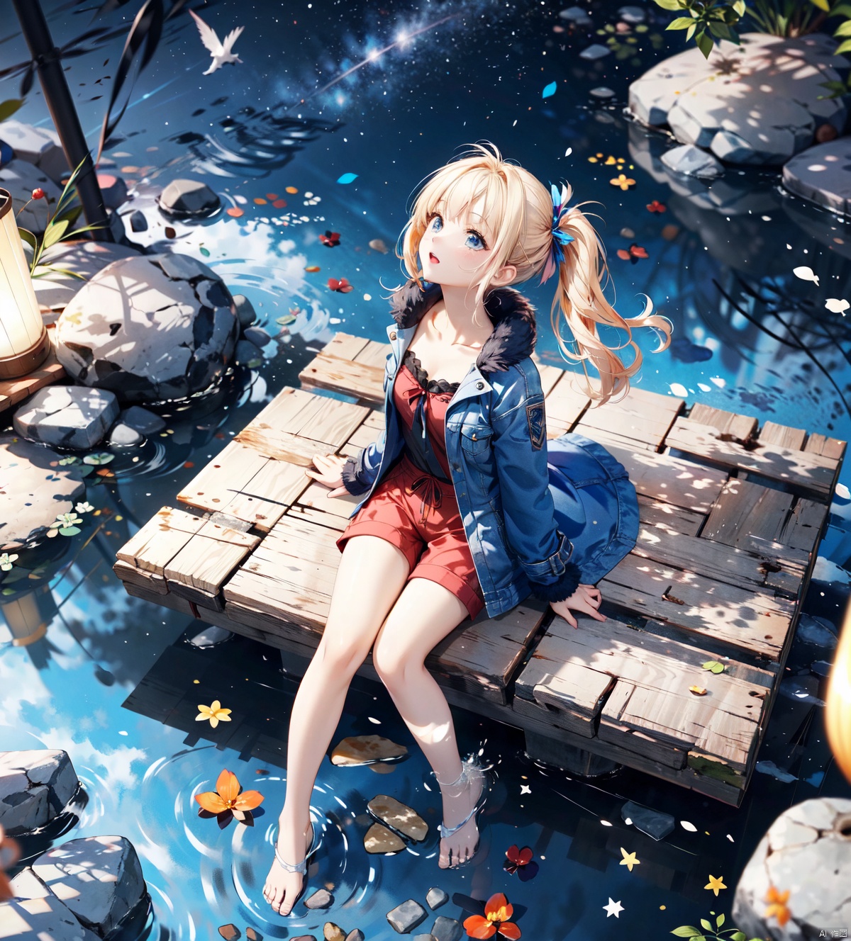  1girl,blonde hair,blue eyes,(very long twin tails,looking up),sharp hair,sitting,rocks,river,((reflection,night,star_(sky))),
stretch hand, (full body,mid shot,depth of field),(birds),(from above:1.2),dark_blue down coat,bare leg,shorts,(blurry background),backlight, xinniang, Chisato and Takina