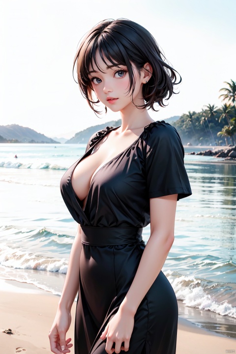  1girl, black dress,(faded ash gray hair:1), (at beach),looking at viewer, RAW photo, (photorealistic:1.37), realistic, highly detailed CG unified 8K wallpapers,(thick body:1.1),(((straight from front))), (HQ skin:1.8), shiny skin, 8k uhd, dslr, soft lighting, high quality, film grain, Fujifilm XT3, (professional lighting:1.6),,medium breasts, cleavage,Short sleeve, dimples,Immaculate skin,jujingyi,Hepburn style, jwy1, jujingyi, bj_Devil_angel
