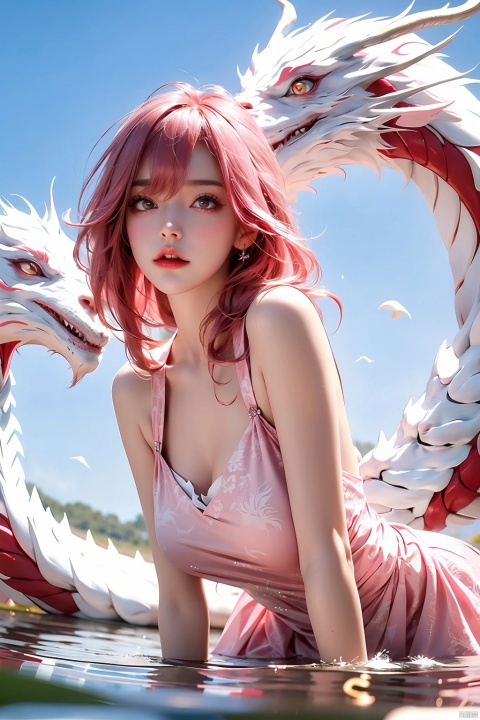  (Ultra wide angle lens), viewed from below,1girl,Wide angle lens, pink dress, bare shoulders,hair between eyes, outdoor, pink hair, sky, solo, wading, (white dragon), 1girl