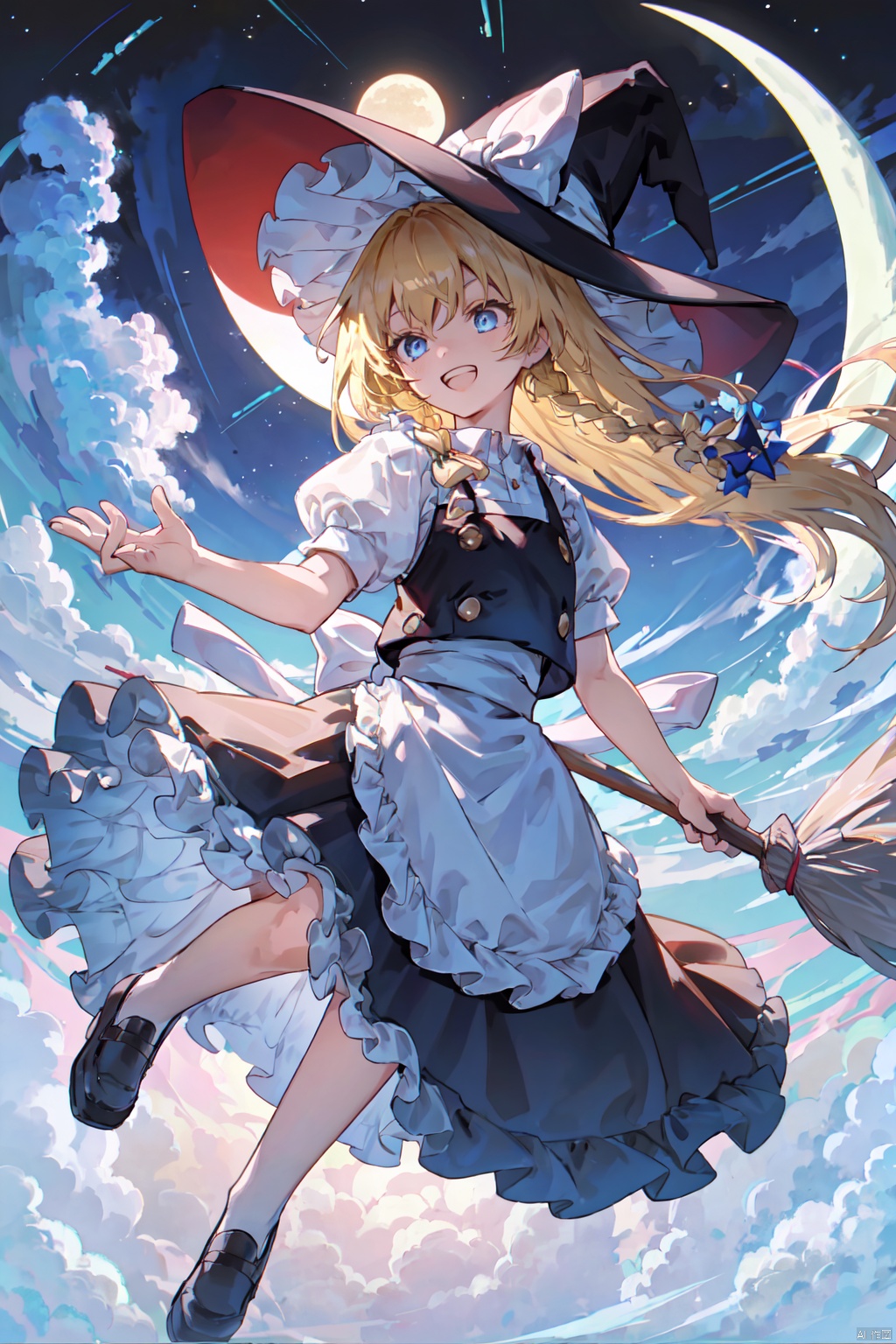  1girl, kirisame_marisa, solo, long_hair, looking_away, grin, open_mouth, braid, hat, dress, apron, blue_eyes, bow, holding, blonde_hair, flying, full_body, broom, star, ribbon, black_hat, white_dress, black_apron, red_bow, red_ribbon, holding_broom, magic, sparkles, night, moon, clouds, stars, hakkero, mini_hakkero, eight_trigrams, yellow_star, magic_circle