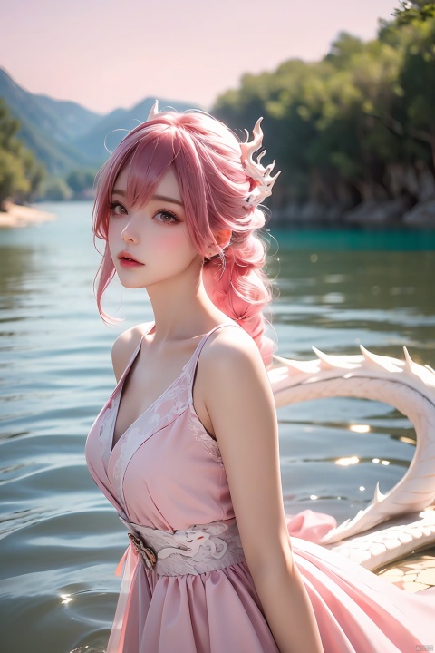  (Ultra wide angle lens), viewed from below,1girl,Wide angle lens, pink dress, bare shoulders,hair between eyes, outdoor, pink hair, sky, solo, wading, (white dragon), 1girl