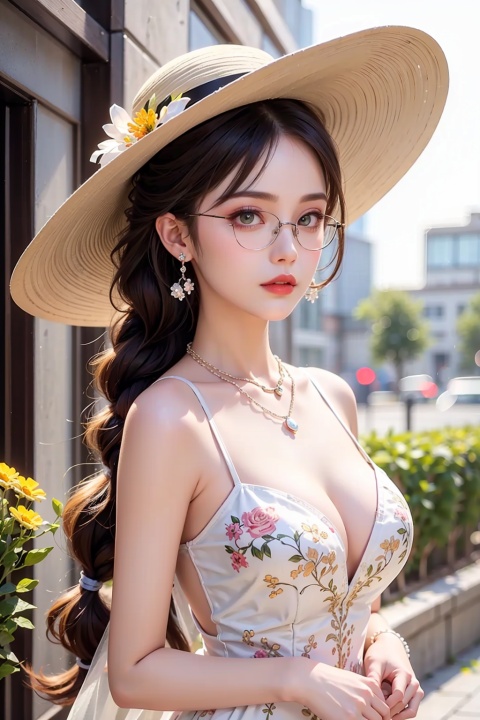  (masterpiece, 4k, best quality, highly detailed, 1girl, solo),1girl, jewelry, breasts, solo, hat, earrings, white headwear, black hair, cleavage, dress, necklace, looking at viewer, flower, white dress, black flower, long hair, braid,black rose, upper body, parted lips, rose, bangs, collarbone, grey background, sun hat, medium breasts, yellow eyes, pearl necklace, large breasts, see-through, hair between eyes, brown eyes, hat flower, blush, midjourney, Colorful portraits, eyeglasses,glasses,handbag