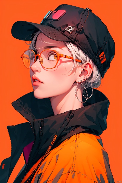  masterpiece,best quality,,1man,saibo,cyberpunk,hat,earrings,glasses,simple background,pearls and jewels,orange background,
