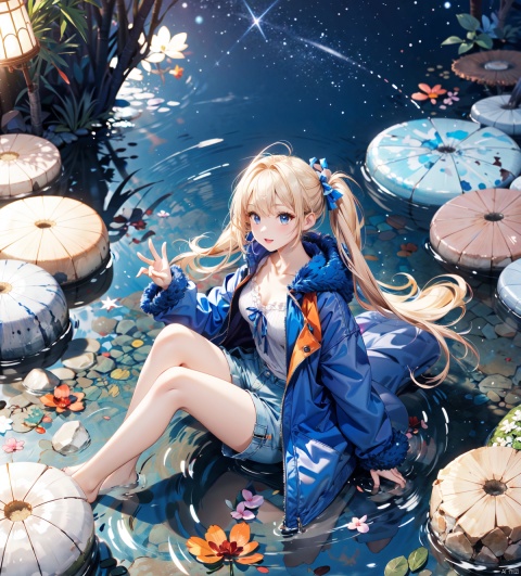  1girl,blonde hair,blue eyes,(very long twin tails,looking up),sharp hair,sitting,rocks,river,((reflection,night,star_(sky))),
stretch hand, (full body,mid shot,depth of field),(birds),(from above:1.2),dark_blue down coat,bare leg,shorts,(blurry background),backlight, xinniang, Chisato and Takina