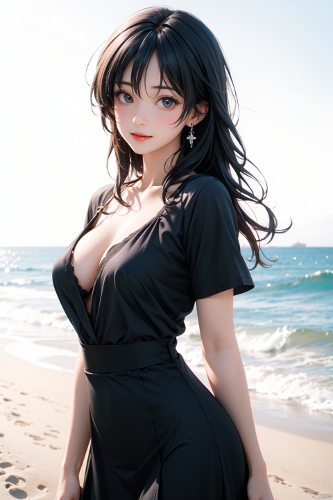  1girl, black dress,(faded ash gray hair:1), (at beach),looking at viewer, RAW photo, (photorealistic:1.37), realistic, highly detailed CG unified 8K wallpapers,(thick body:1.1),(((straight from front))), (HQ skin:1.8), shiny skin, 8k uhd, dslr, soft lighting, high quality, film grain, Fujifilm XT3, (professional lighting:1.6),,medium breasts, cleavage,Short sleeve, dimples,Immaculate skin,jujingyi,Hepburn style, jwy1, jujingyi, bj_Devil_angel