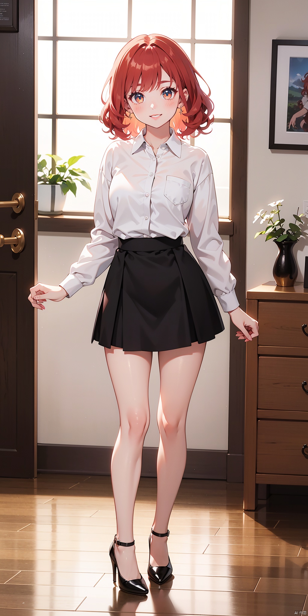 1girl, full body portrait, collared shirt, short skirt, high heels, wavy curls, red hair, bright eyes, smile, standing,official art,unity 8k wallpaper,ultra detailed,beautiful and aesthetic,masterpiece,best quality,extremely detailed,background blur/scatter, frontal view, indoor, office, wooden flooring,natural light, bright, vibrant,colorful,