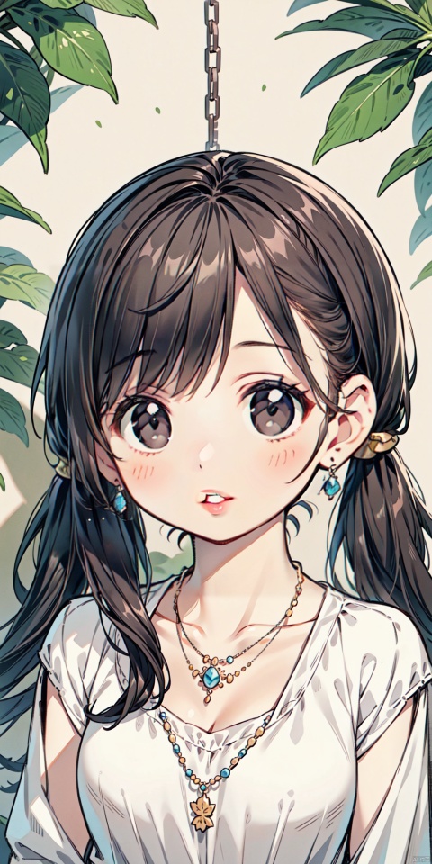 1girl, solo, looking at viewer, bangs, brown hair, black hair, hair ornament, twintails, jewelry, upper body, necklace, black eyes, lips, realistic