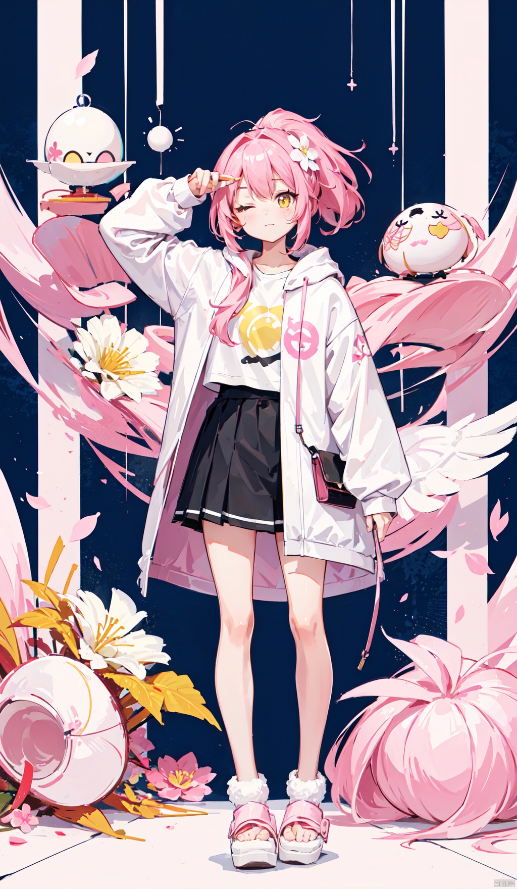  1petite loli, solo.pink hair, long pink hair, (yellow eyes),puffy sleeves,fur-trimmed jacket, hair flower, fipped hair, high ponytail, loose over_sized Casual T-shirt, white shirt, hoodie coat, bare legs, slippers;relaxed, one-eye_closed, adjusting hair, looking at viewer, standing.