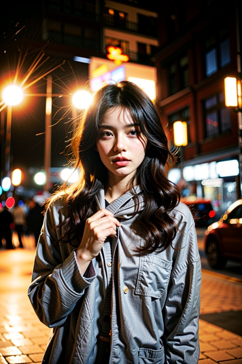  a girl,red wavy long curly hair, beautiful and detailed eyes, scarf, sweater, winter, snowing, standing under the street lamp, upper body, night, night, backlighting,kamisama, 1girl,moyou