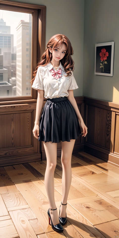  1girl, full body portrait, collared shirt, short skirt, high heels, wavy curls, red hair, bright eyes, smile, standing,official art,unity 8k wallpaper,ultra detailed,beautiful and aesthetic,masterpiece,best quality,extremely detailed,background blur/scatter, frontal view, indoor, office, wooden flooring,natural light, bright, vibrant,colorful, Light master, ((poakl)), dachangtui,moyou
