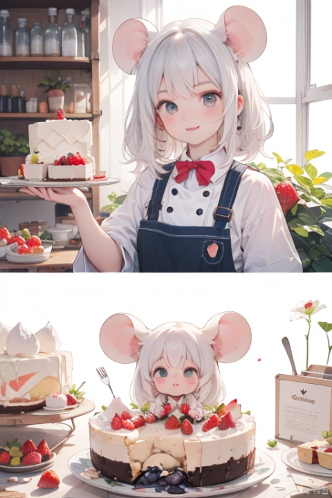  chibi, perfect-composition, Perfect pictorial composition, Creative poster, Cute, (mouse dressed as a chief), (mouse as chef), (Decorating a Really Delicious Cheesecake), (Cream cheese cake with strawberries), (messy table), (There are pieces of cheese scattered around.), (Best Quality:1.2), (Ultra-detailed), (Photorealistic:1.37), (HDR), (Vivid colors), (portrait of a), (Warm and bright color tones), (Soft diffuse lighting),food ,niji style