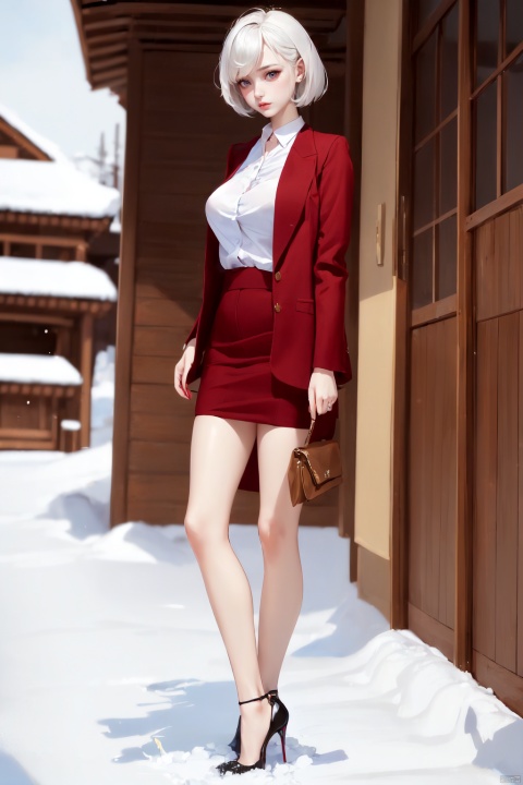  Girl, suit, pretty face, (photo reality: 1.3) , short hair, white hair, edge lighting, (high detail skin: 1.2) , outdoor, snow, Snow Mountain Horizon, 8k Ultra HD, digital SLR, high quality, high resolution, 8K, best ratio four fingers and one thumb, (photo reality: 1.3) , wearing a red wool coat, large breasts, 1 girl, High Heels, 1 girl, 1 girl, 1 girl, Xiqing