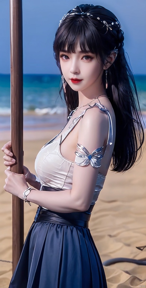  (((1 girl))), (medium breasts:), ((upper body:0.7)), half body photo, female solo, depth of field, blue earrings, blue jewelry, off-shoulder white shirt, black tight skirt, (at beach), blonde hair, photorealistic:1.3, realistic), highly detailed CG unified 8K wallpapers, (((straight from front))), (HQ skin:1.3, shiny skin), 8k uhd, dslr, soft lighting, high quality, film grain, Fujifilm XT3, (professional lighting), nangongwan, red lips,