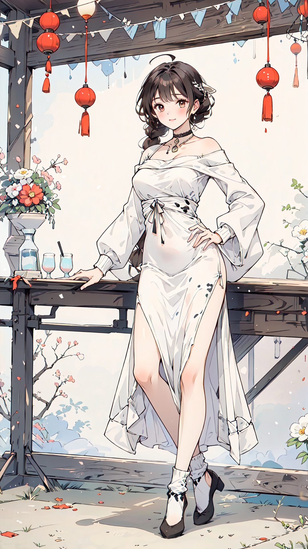  1girl, long hair, sweater, animal print, cow print, chinese zodiac, drinking, braid, 2021, milk bottle, new year, year of the ox, off shoulder, choker, socks, bottle, long sleeves, brown eyes, milk, brown hair, solo, ahoge, hand on hip, holding bottle, holding, standing, black choker, brown socks, happy new year, bangs, off-shoulder sweater, dress, no shoes, full body, blush, puffy long sleeves, light brown hair, sweater dress, puffy sleeves