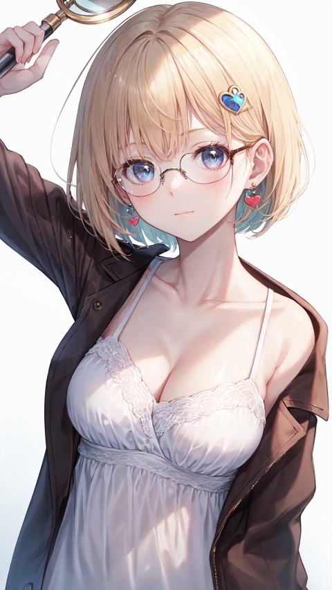  1girl, watson amelia, breasts, virtual youtuber, heart earrings, blonde hair, hair ornament, blue eyes, solo, cleavage, heart, earrings, monocle hair ornament, glasses, jewelry, round eyewear, looking at viewer, bob cut, white background, collarbone, blush, simple background, upper body, large breasts, official alternate hairstyle, bangs, short hair, hairclip, brown jacket, closed mouth, jacket, magnifying glass, shirt, white shirt, medium breasts