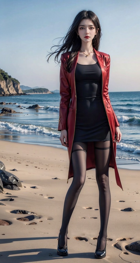  On the beach, a beautiful woman, long hair, full body, standing, upper body wearing a suit, lower body wearing black stockings, feet in red high heels (round at the knee), waiting for someone, high cold royal sister