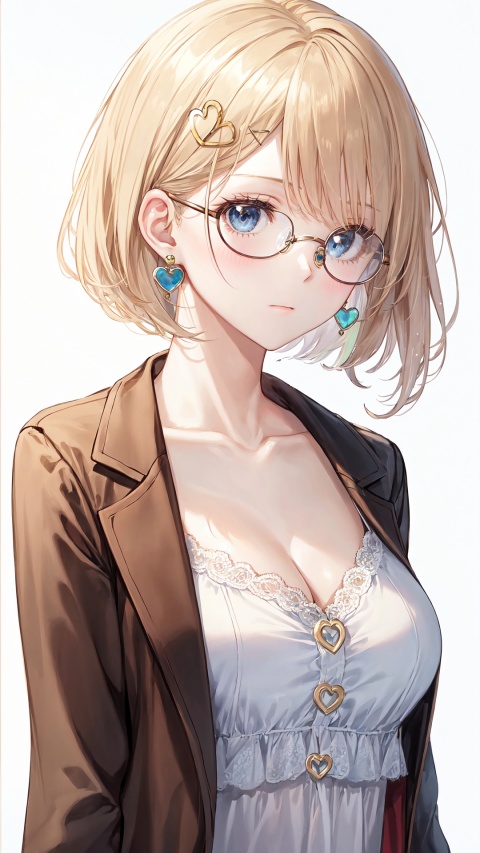  1girl, watson amelia, breasts, virtual youtuber, heart earrings, blonde hair, hair ornament, blue eyes, solo, cleavage, heart, earrings, monocle hair ornament, glasses, jewelry, round eyewear, looking at viewer, bob cut, white background, collarbone, blush, simple background, upper body, large breasts, official alternate hairstyle, bangs, short hair, hairclip, brown jacket, closed mouth, jacket, magnifying glass, shirt, white shirt, medium breasts