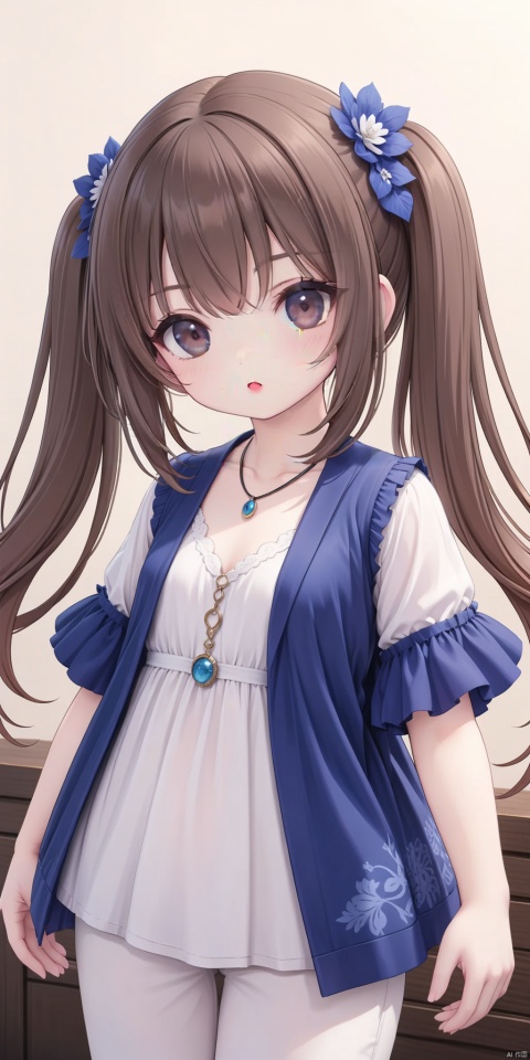  1girl, solo, looking at viewer, bangs, brown hair, black hair, hair ornament, twintails, jewelry, upper body, necklace, black eyes, lips, realistic, 3d stely, loli, guzhuang