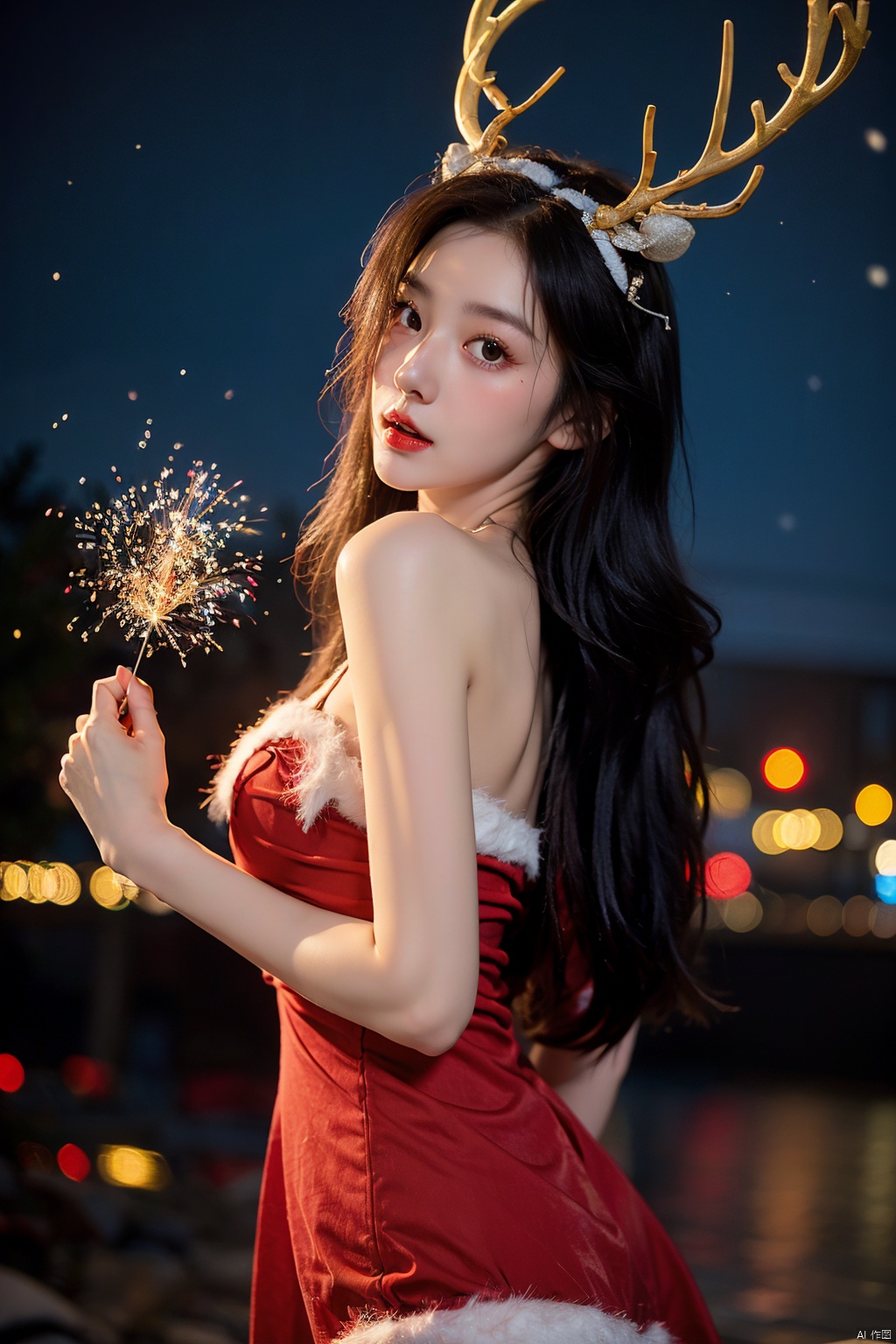  1girl,christmas,bare shoulders,antlers,(cowboy shot close-up),standing,exquisite eyes,outdoors,night,cityscape,snowing,elegant posture,,(an extremely delicate and beautiful),(best quality),((masterpiece)),intricate detail,(masterpiece, high quality, best quality),fireworks,