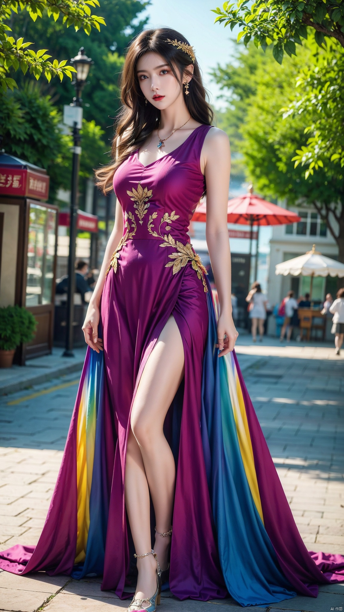  Beautiful woman, well shaped, ample feathers, rainbow colors, gradient colors, feather clothing, complex details, decorations, Baroque, extra long hair, colorful hair colors, wavy, full body, background blurring,