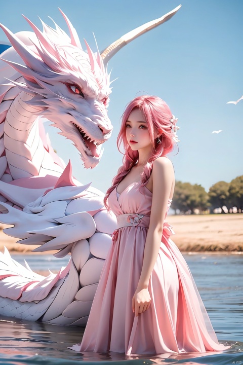  (Ultra wide angle lens), viewed from below,1girl,Wide angle lens, pink dress, bare shoulders,hair between eyes, outdoor, pink hair, sky, solo, wading, (white dragon), 1girl