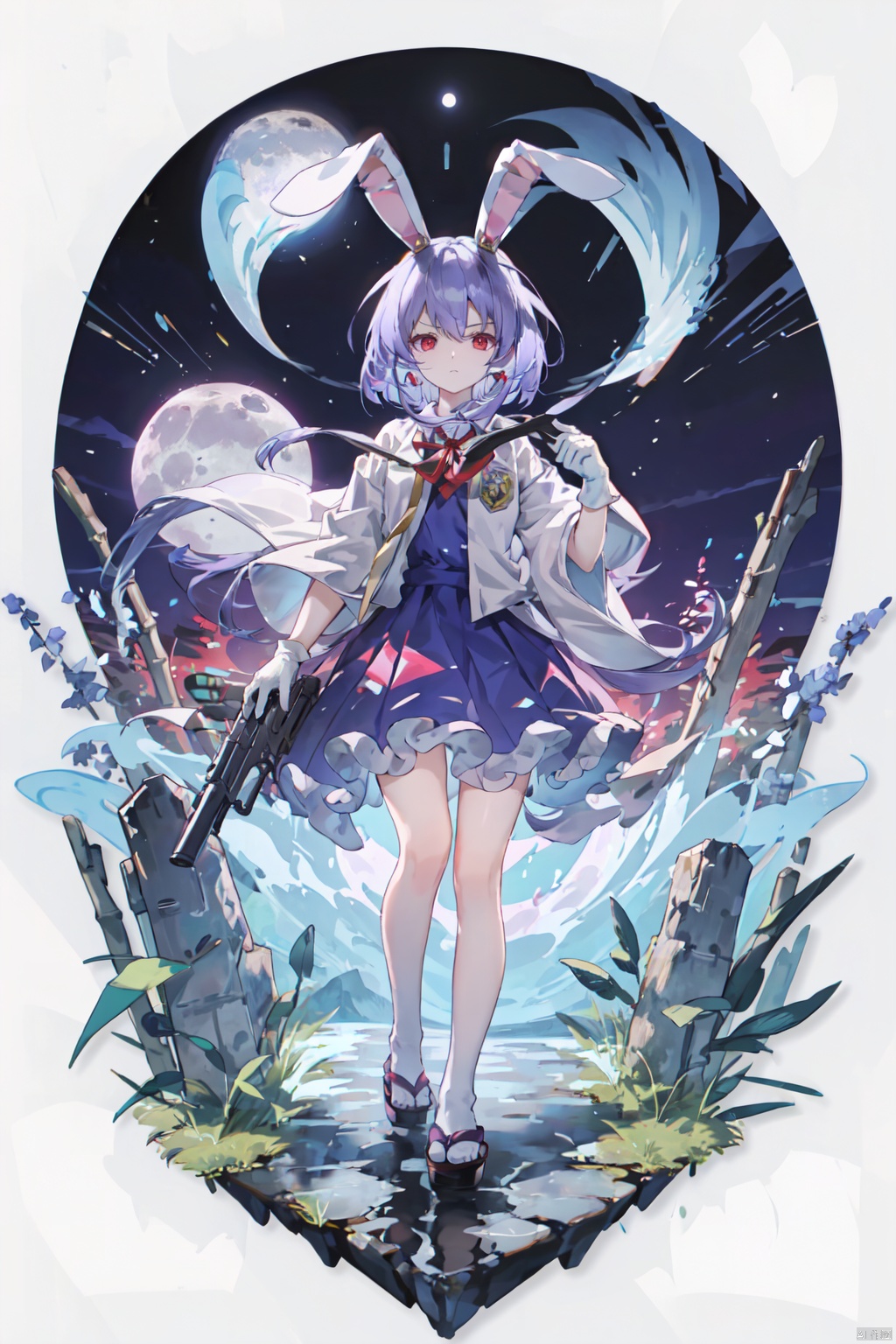  1girl, reisen_udongein_inaba, solo, short_hair, looking_at_viewer, serious, closed_mouth, ears, uniform, gloves, red_eyes, holding, purple_hair, standing, half_body, gun, ribbon, white_uniform, white_gloves, red_ribbon, holding_gun, moon_rabbit, lunarian, moon, crater, stars, eientei, bamboo, forest, japanese_style, purple_ribbon, purple_gun, frills, lace, red_earrings