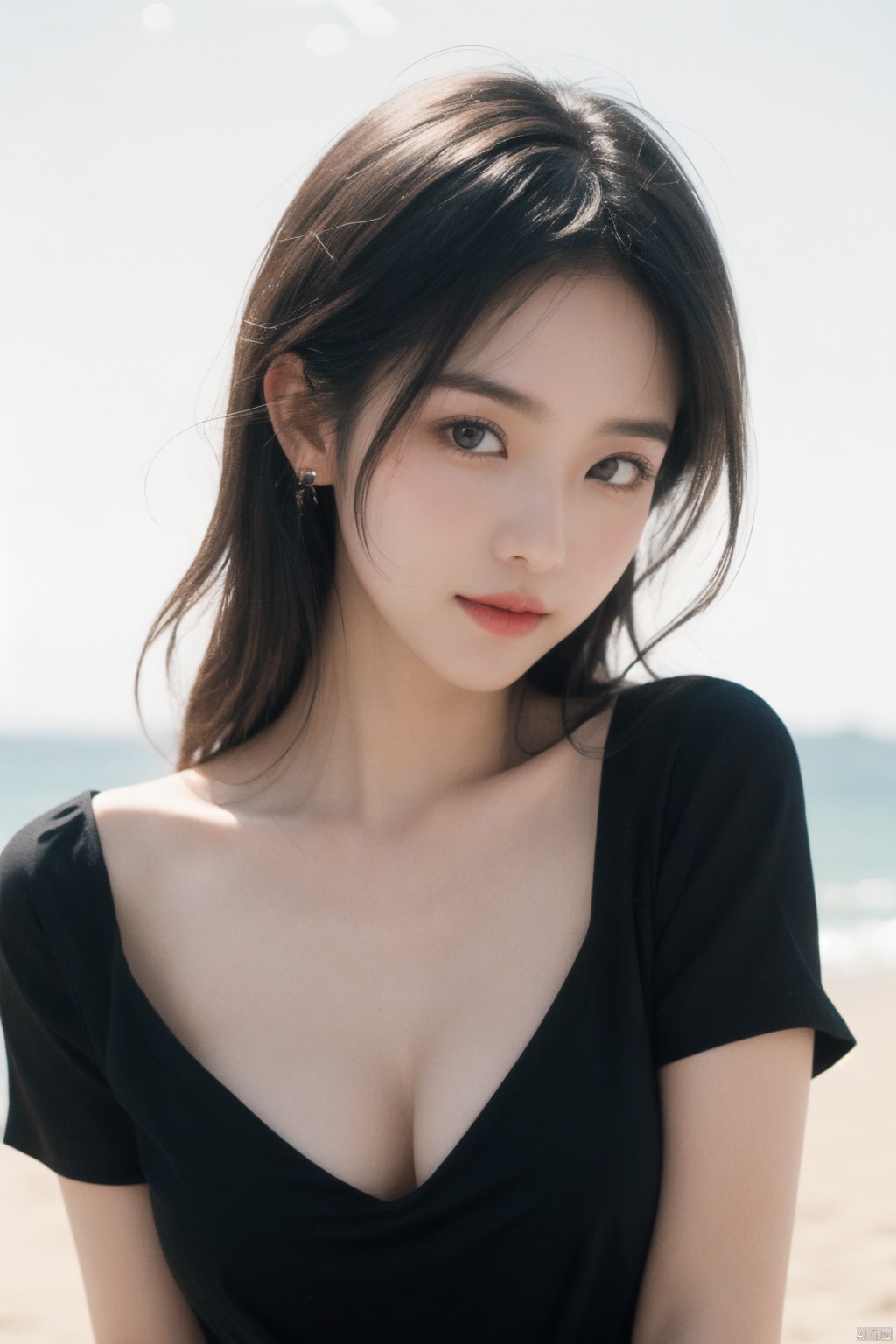  1girl, black dress,(faded ash gray hair:1), (at beach),looking at viewer, RAW photo, (photorealistic:1.37, realistic), highly detailed CG unified 8K wallpapers,(thick body:1.1),(((straight from front))), (HQ skin:1.8, shiny skin), 8k uhd, dslr, soft lighting, high quality, film grain, Fujifilm XT3, (professional lighting:1.6),,medium breasts, cleavage,Short sleeve, dimples,Immaculate skin,jujingyi,Hepburn style, jwy1, jujingyi, bj_Devil_angel