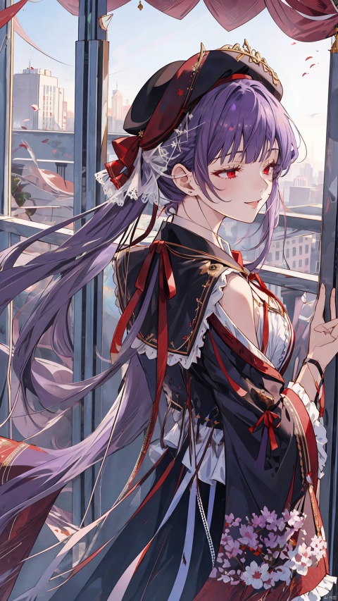  depth of field, solo, cityscape,
1girl, purple hair, long hair, blunt bangs, red eyes, 
frilled shirt, neck ribbon, beret, open jacket,
seductive smile, half-closed eyes, upper body, 
(looking away),
balcony, marble fence, (from behind), from above,
