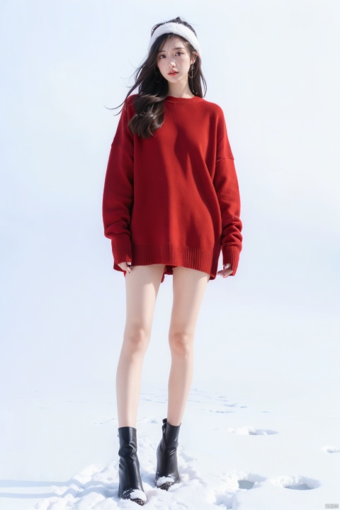  Full-body photos of a girl, red sweater, bare long legs, high heels, winter, realism, HD 16K, snow, winter